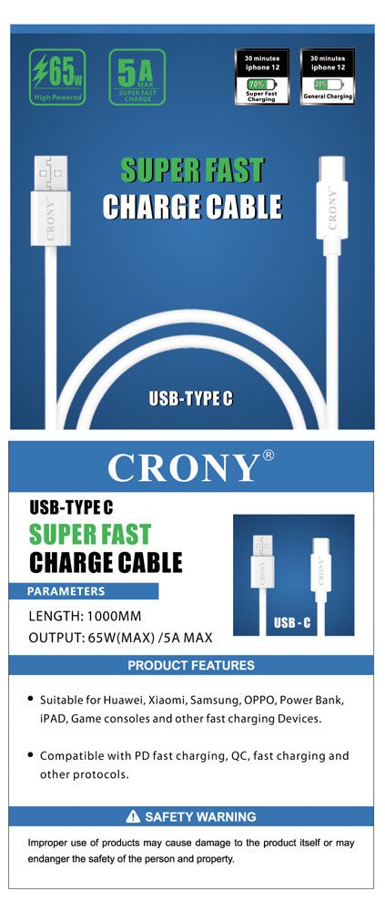 CRONY CR-002 Support Super Fast Charge&Data U-C Cable 5A - Edragonmall.com