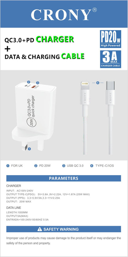 CRONY CR-003 PD20W+QC3.0 Fast Charger+3ACharging&Data Cable - Edragonmall.com