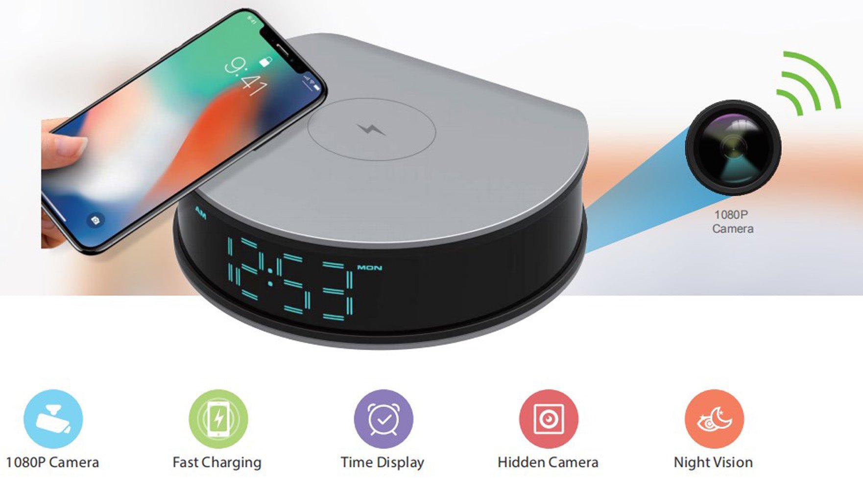 CRONY H300 Alarm clock wireless charging camera 1080P FAST PHONE CHARGER SURVEILLANCE CAMERA WITH NIGHT VISION - Edragonmall.com