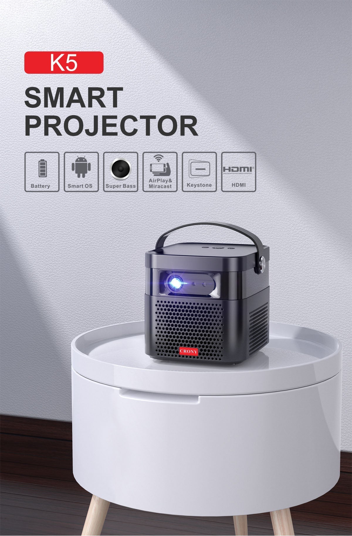 CRONY K5 upright Projector with BT speaker 3D Smart DLP Projector 800 ANSI Lumens 1080P Portable Outdoor DLP 4k Projector - Edragonmall.com