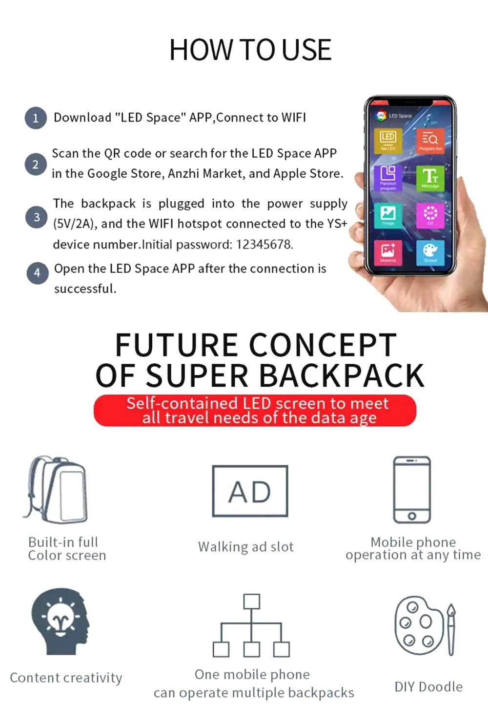 CRONY  LED Fashion Display Backpack  Novelty Smart Style Laptop Backpack Creative Christmas Gift School Bag B001