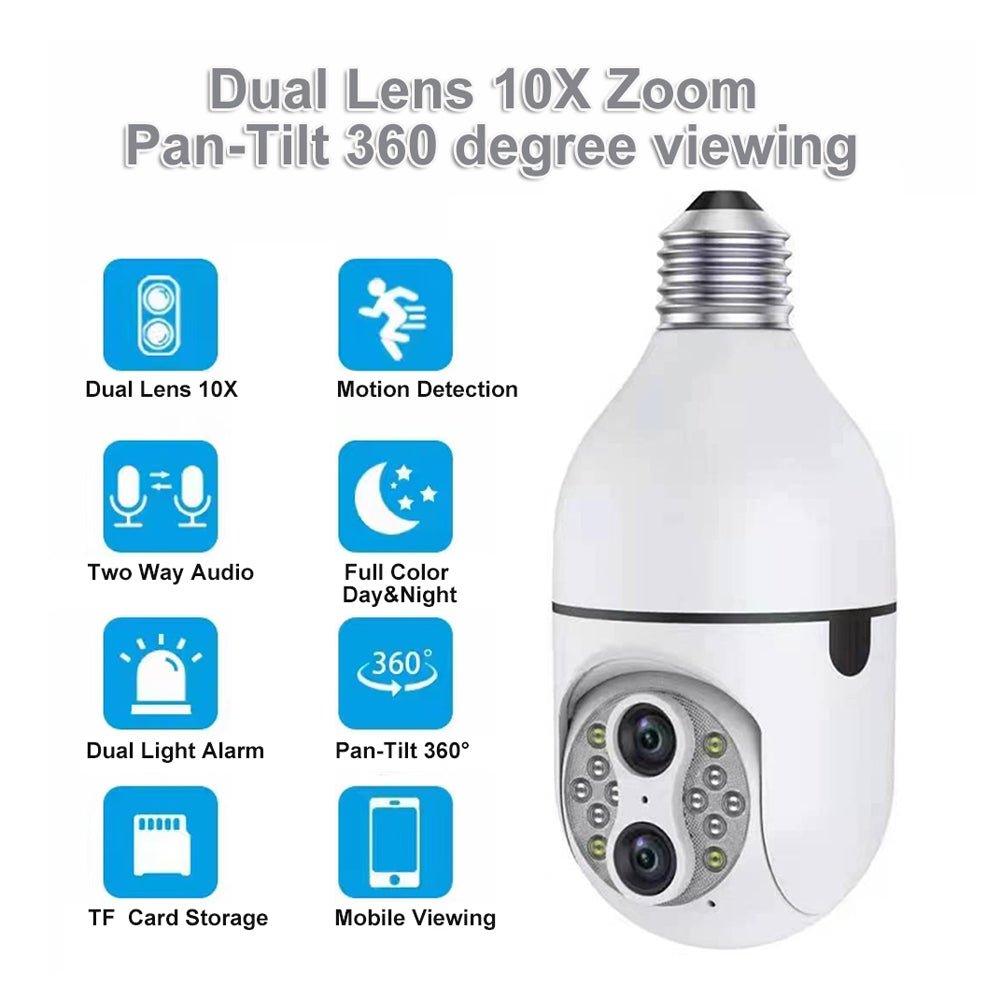 CRONY Y24-1080P Binocular zoom light bulb IP Camera Night Vision 360 Degree Auto Motion Tracking PTZ Two Way Audio Dual Lens Wifi Bulb Camera - Edragonmall.com