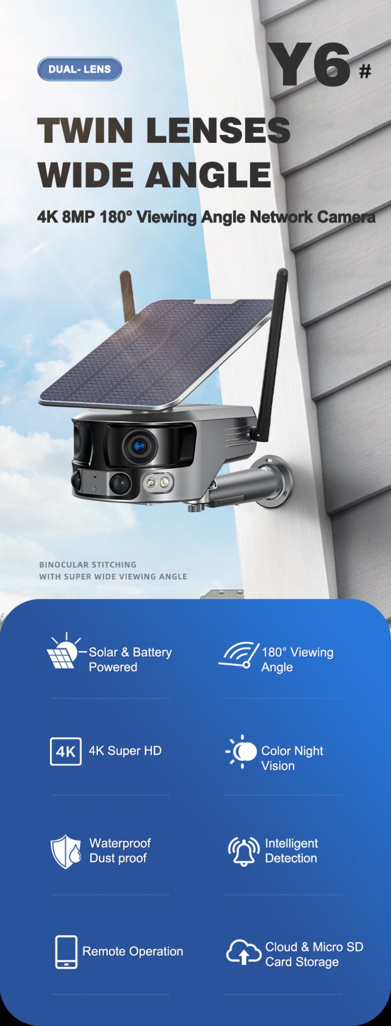 CRONY Y6 4G-4K-8MP-4X 180°Wide Angle Solar Battery Camera Y6 WiFi-4K-8MP-180°Wide Angle Solar Battery Camera with 6W Solar Panel - Edragonmall.com