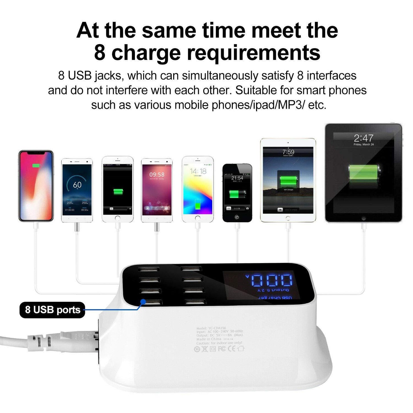 CRONY YC-CDA19 8-Port USB Charger Adapter Desktop Wall Charger Smart LED Display - Edragonmall.com