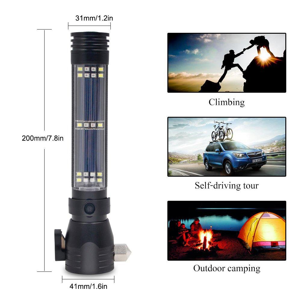 H04-T01 Solar Powered Tactical Flashlight Multi Function Outdoor Car LED Flashlight Ultra Bright Torch Light, with Safety Hammer and Compass - Edragonmall.com