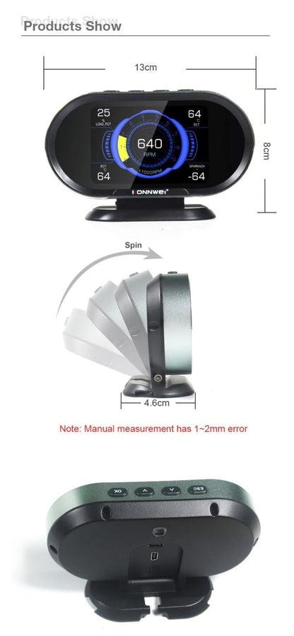 KONNWEI KW206 HUD OBD2 Car Diagnostic Scanner On-Board Computer Gauge DTC Engine Code Reader Voltage Test LCD Screen Built-in Speaker - Edragonmall.com