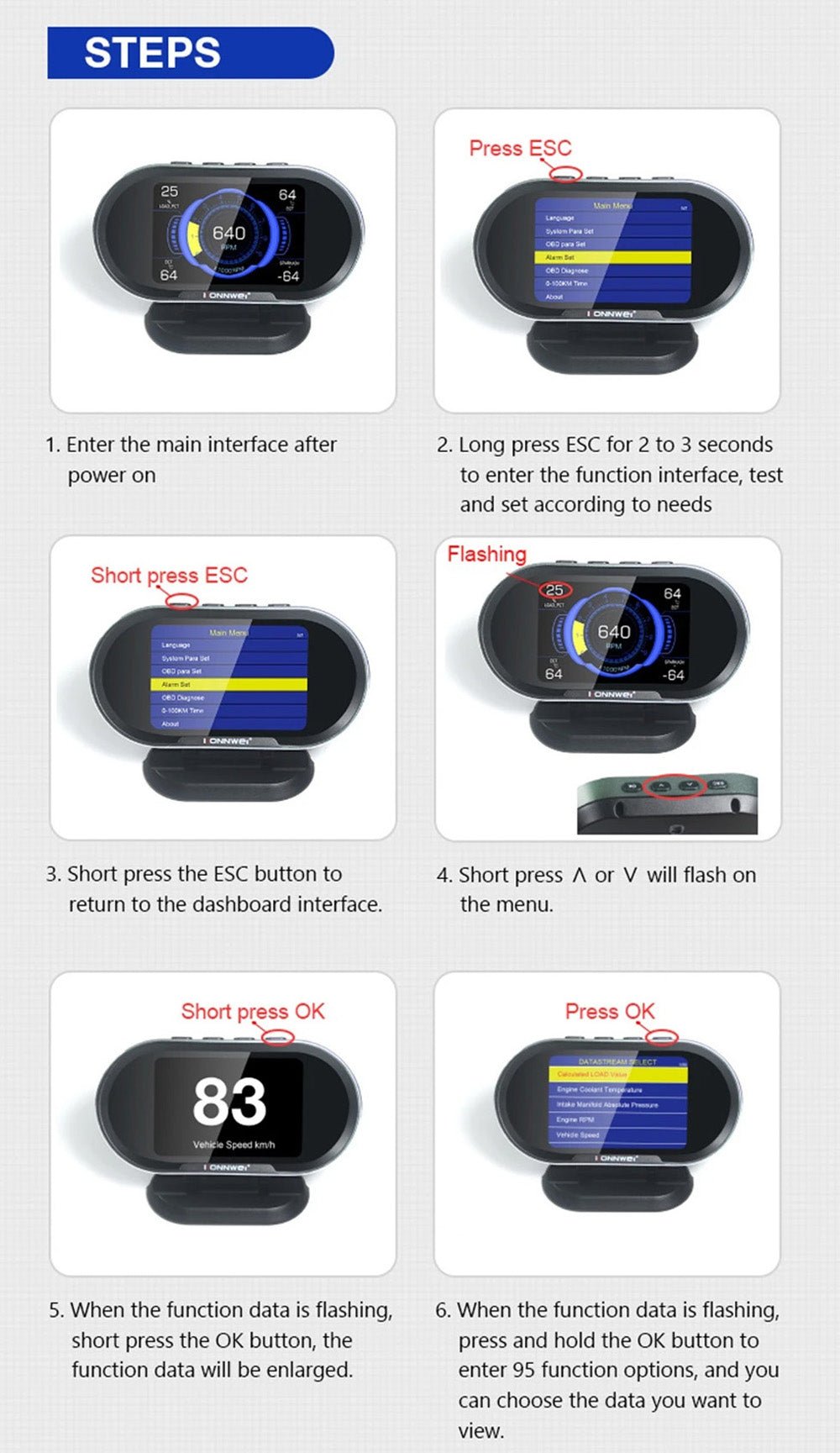 KONNWEI KW206 HUD OBD2 Car Diagnostic Scanner On-Board Computer Gauge DTC Engine Code Reader Voltage Test LCD Screen Built-in Speaker - Edragonmall.com