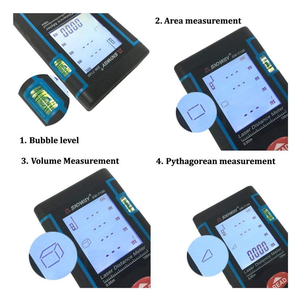 T100 Diastimeter Sndway SW T100 100M Laser Distance Meter Laser Range Area Volume Measure Tool - Edragonmall.com