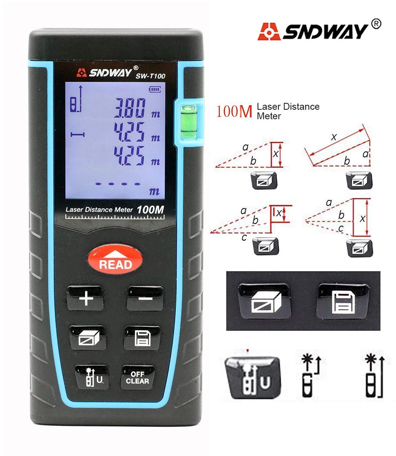 T100 Diastimeter Sndway SW T100 100M Laser Distance Meter Laser Range Area Volume Measure Tool - Edragonmall.com